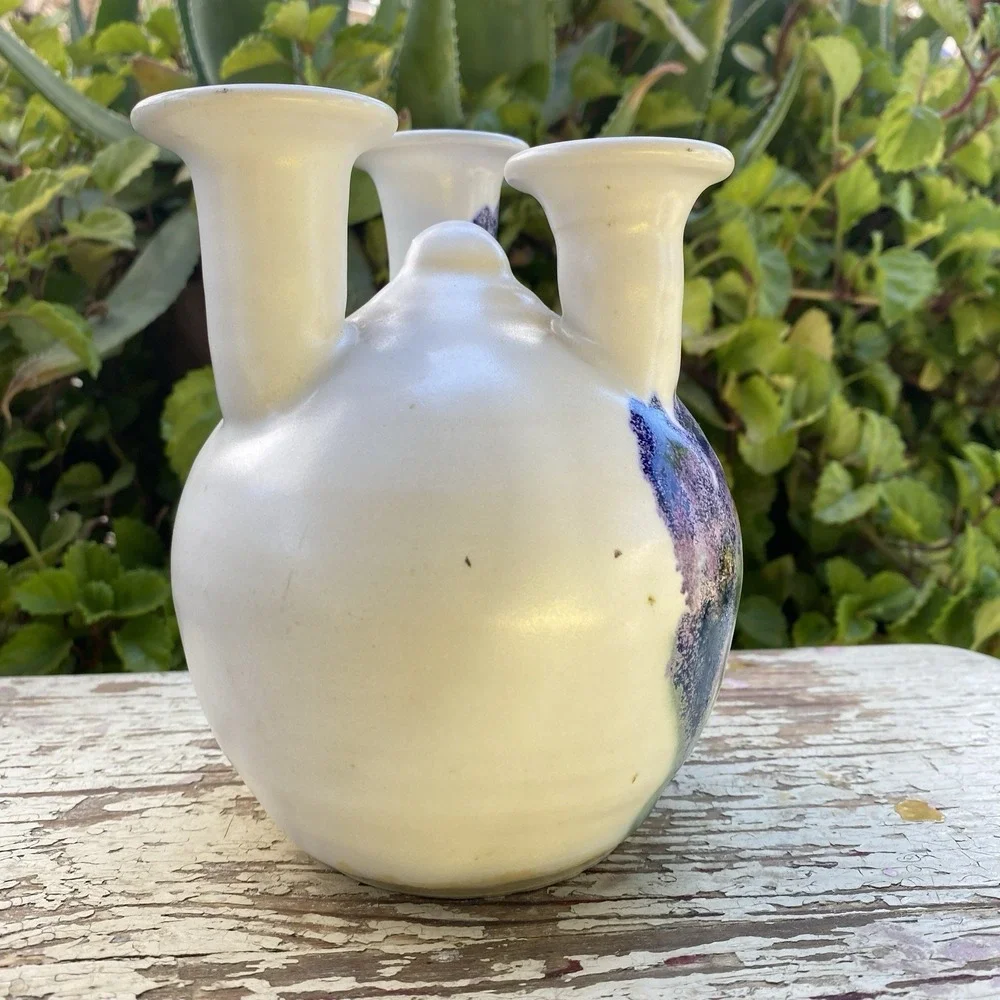 Clouds Folsom Studio Pottery Purple Irises 3 Neck Bud Vase 5.75